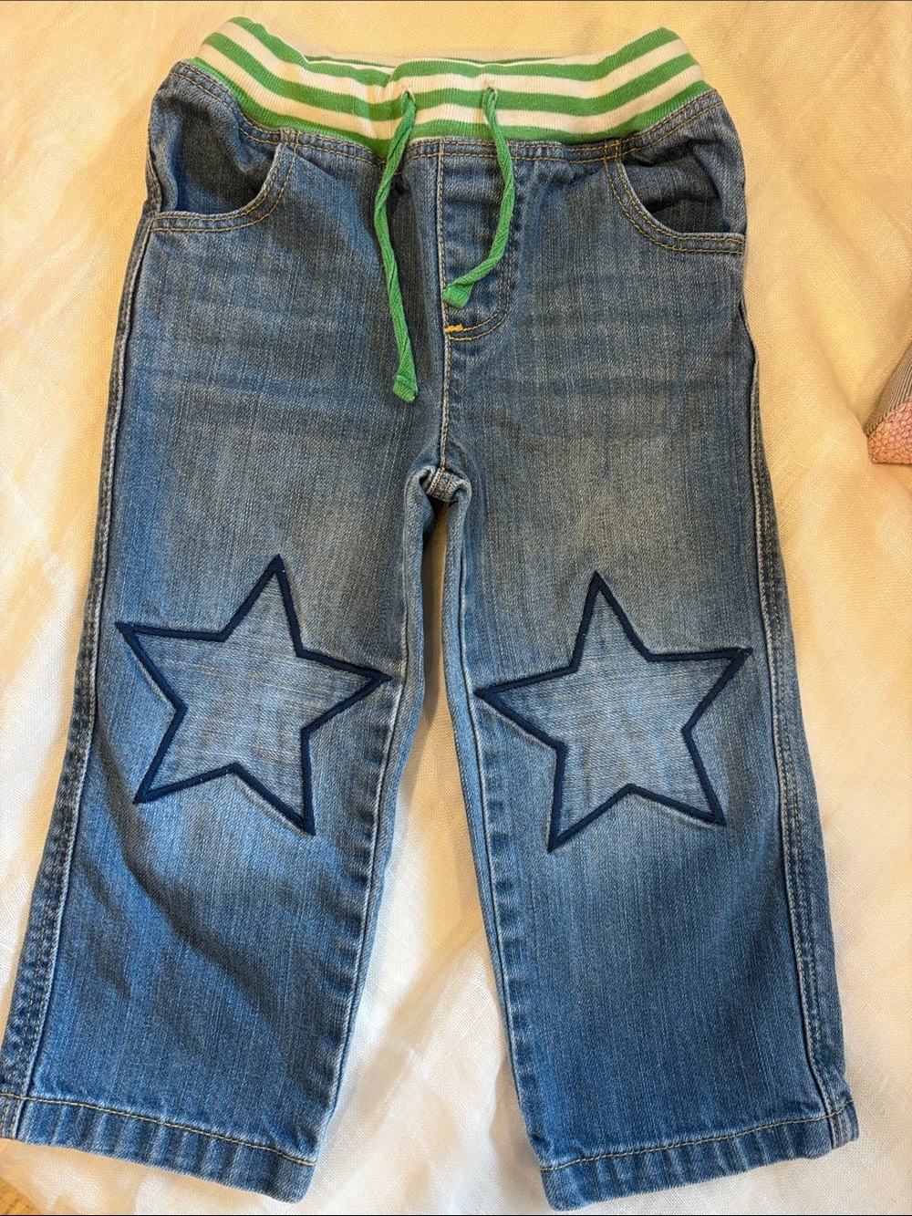 Baby Boden Blue Denim Jeans with Green Stripe Waistband and Navy Star Patches